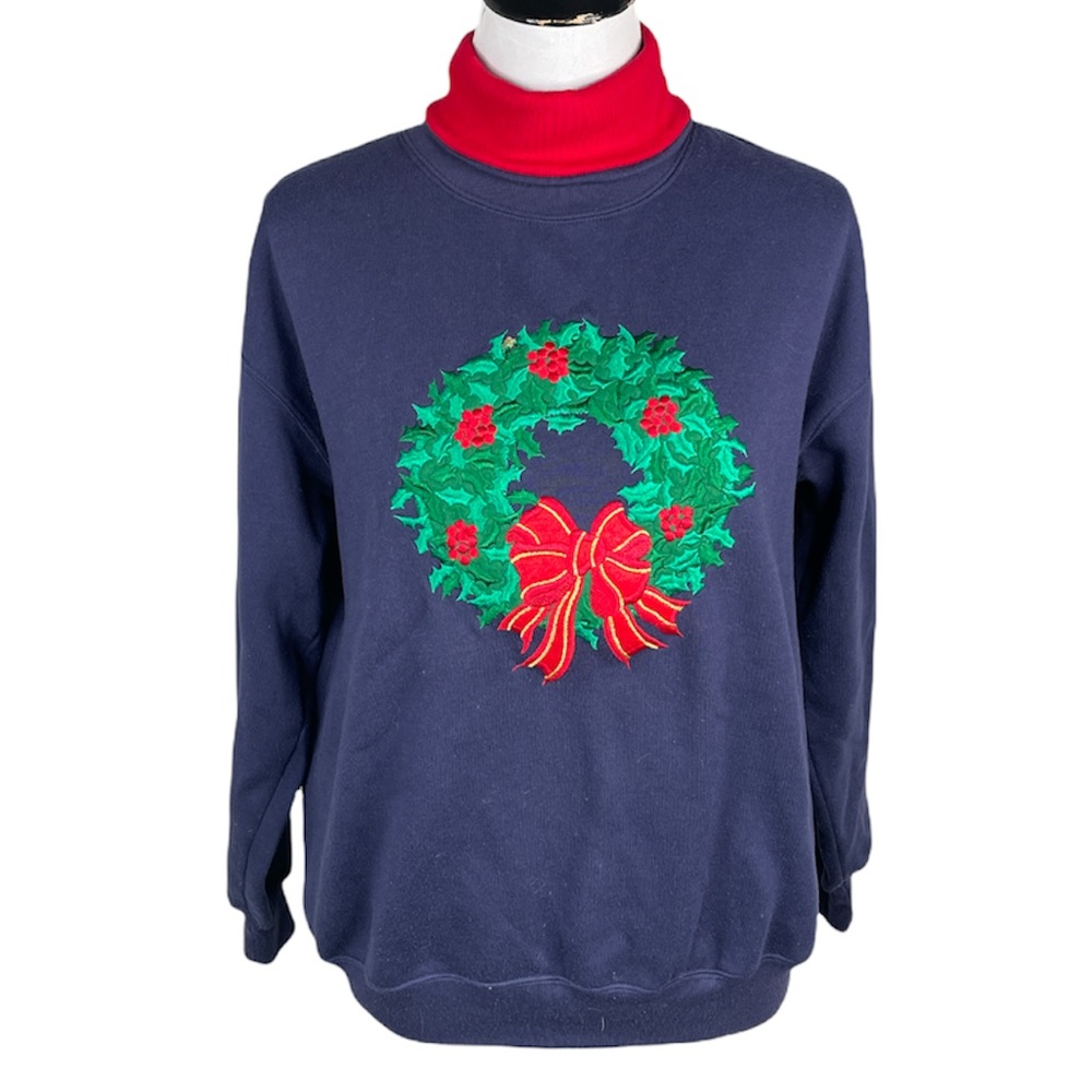Baxter & Wells Wreath Turtle Neck Sweatshirt, Navy, Red, Green, Medium